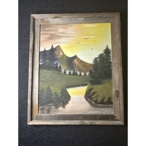 Original Mountain Landscape Painting River Sunset Sky Rustic Wood Frame Art